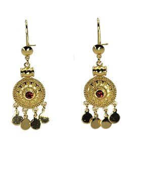 24KGP Etruscan Style Gold Coin Drop Earrings, Bohemian Red Stone Chandelier Earr